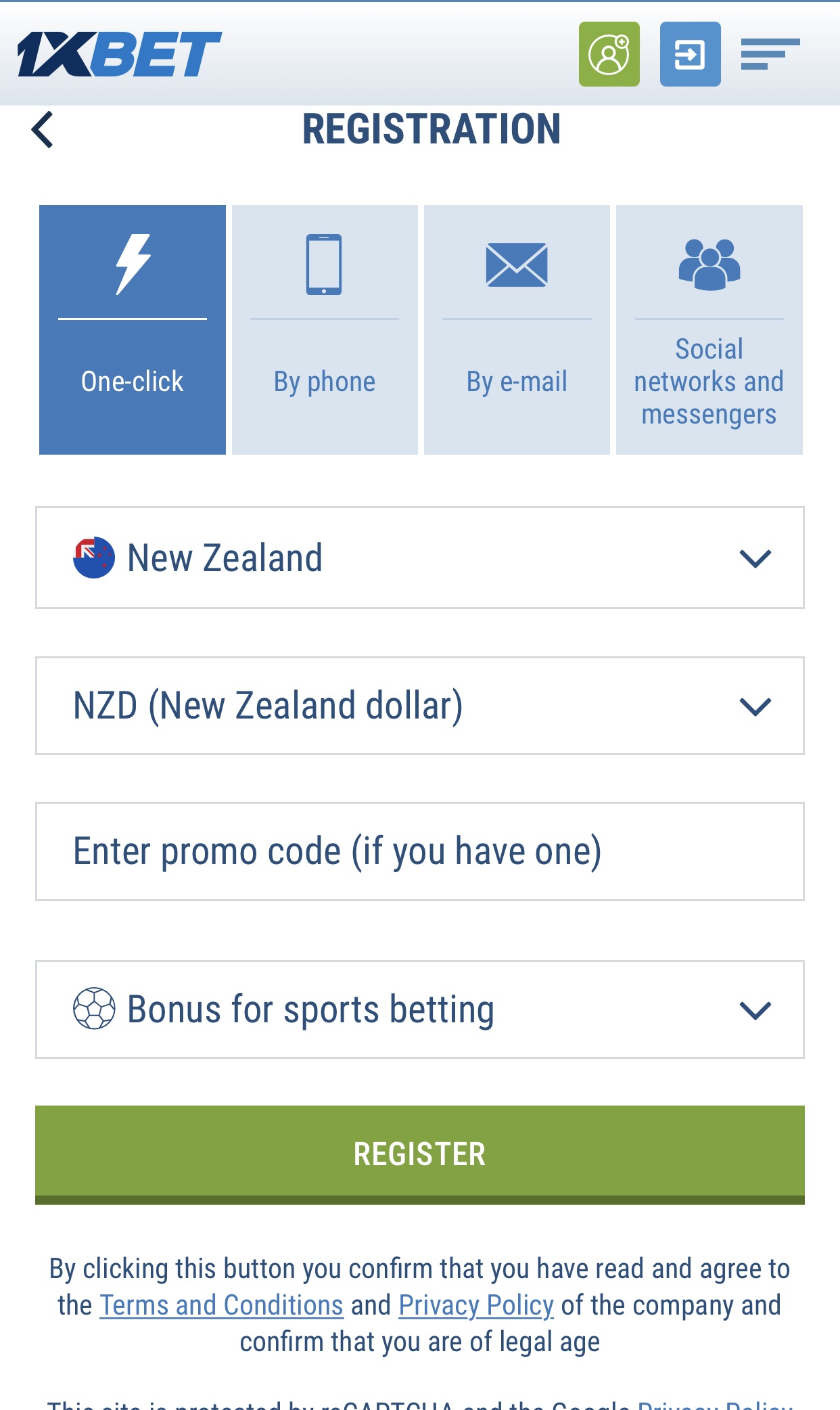 Fast reg mobile app 1xbet in New Zealand
